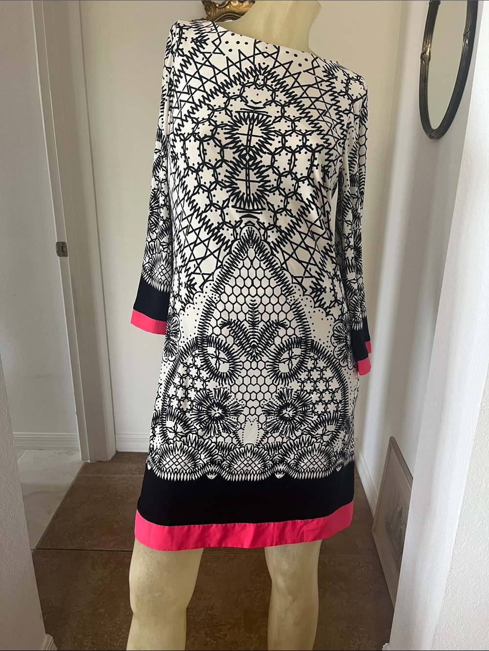 Eliza J Black & White Printed Shift Dress with Pink Trim